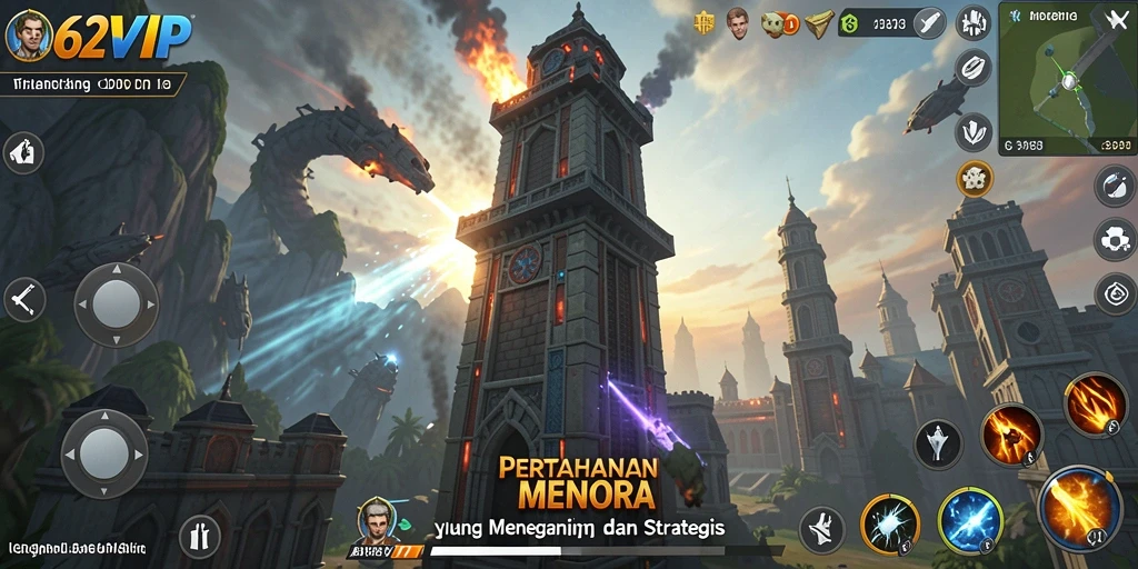 Gameplay <strong>62VIP</strong>, menara melawan serangan musuh dalam pertempuran yang epik.