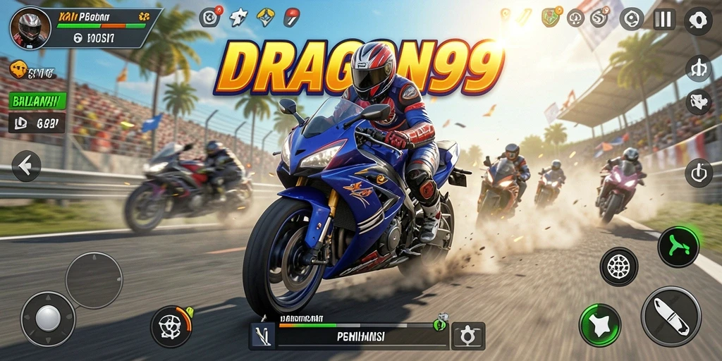 Screenshot gameplay DRAGON99 menampilkan aksi balap motor yang mendebarkan.