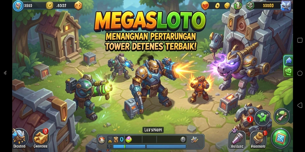 Tangkapan layar gameplay MEGASLOTO yang menampilkan pertahanan menara yang megah.
