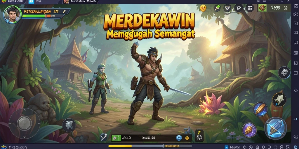 Tangkapan layar gameplay MERDEKAWIN dengan aksi petualangan yang mendebarkan.