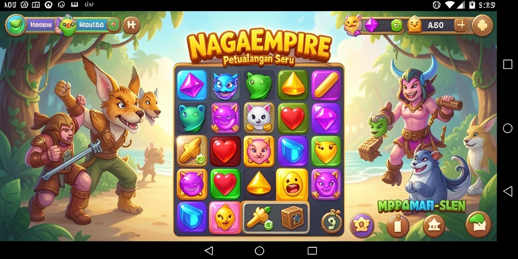 Tampilan gameplay menarik dari NAGAEMPIRE saat mencocokkan permata.
