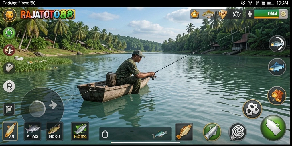 Screenshot gameplay RAJATOTO88 menampilkan momen menangkap ikan dengan indah.
