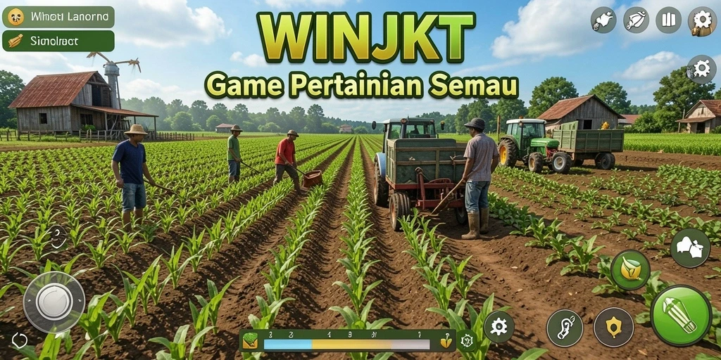 Tangkapan layar gameplay WINJKT menampilkan aktivitas bertani yang menarik dan interaksi sosial.