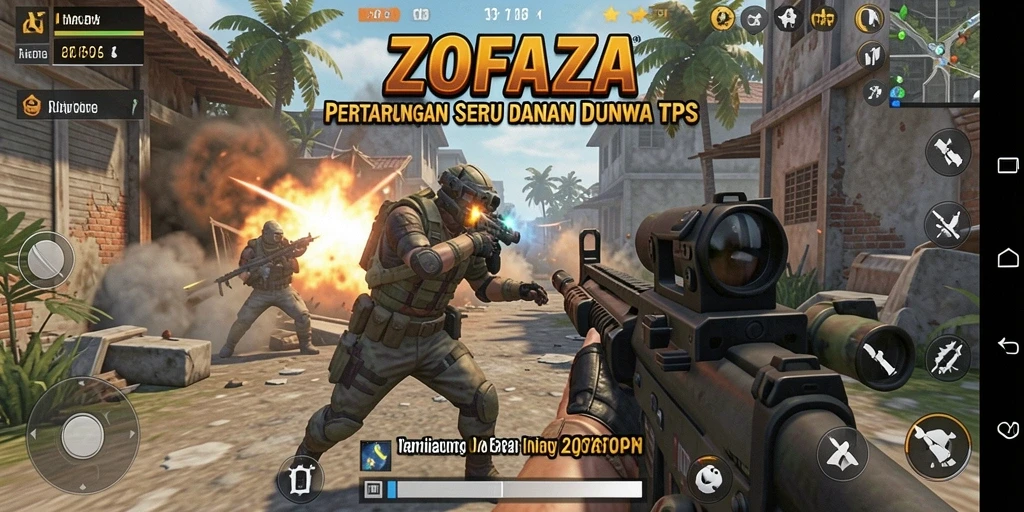 Screenshot gameplay ZOFAZA menampilkan aksi seru di arena TPS.